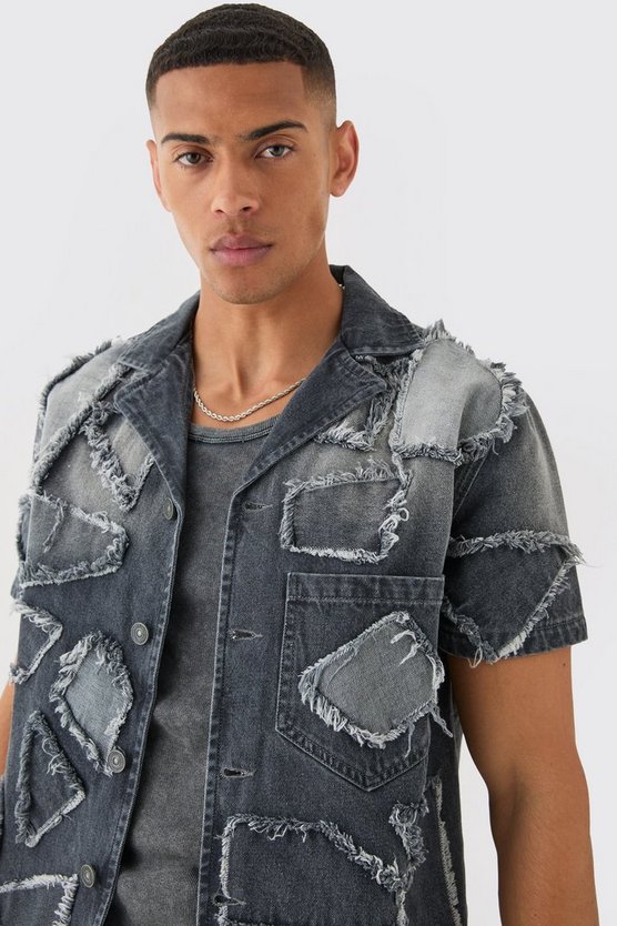 Zerrissenes Patchwork Jeanshemd in Grau