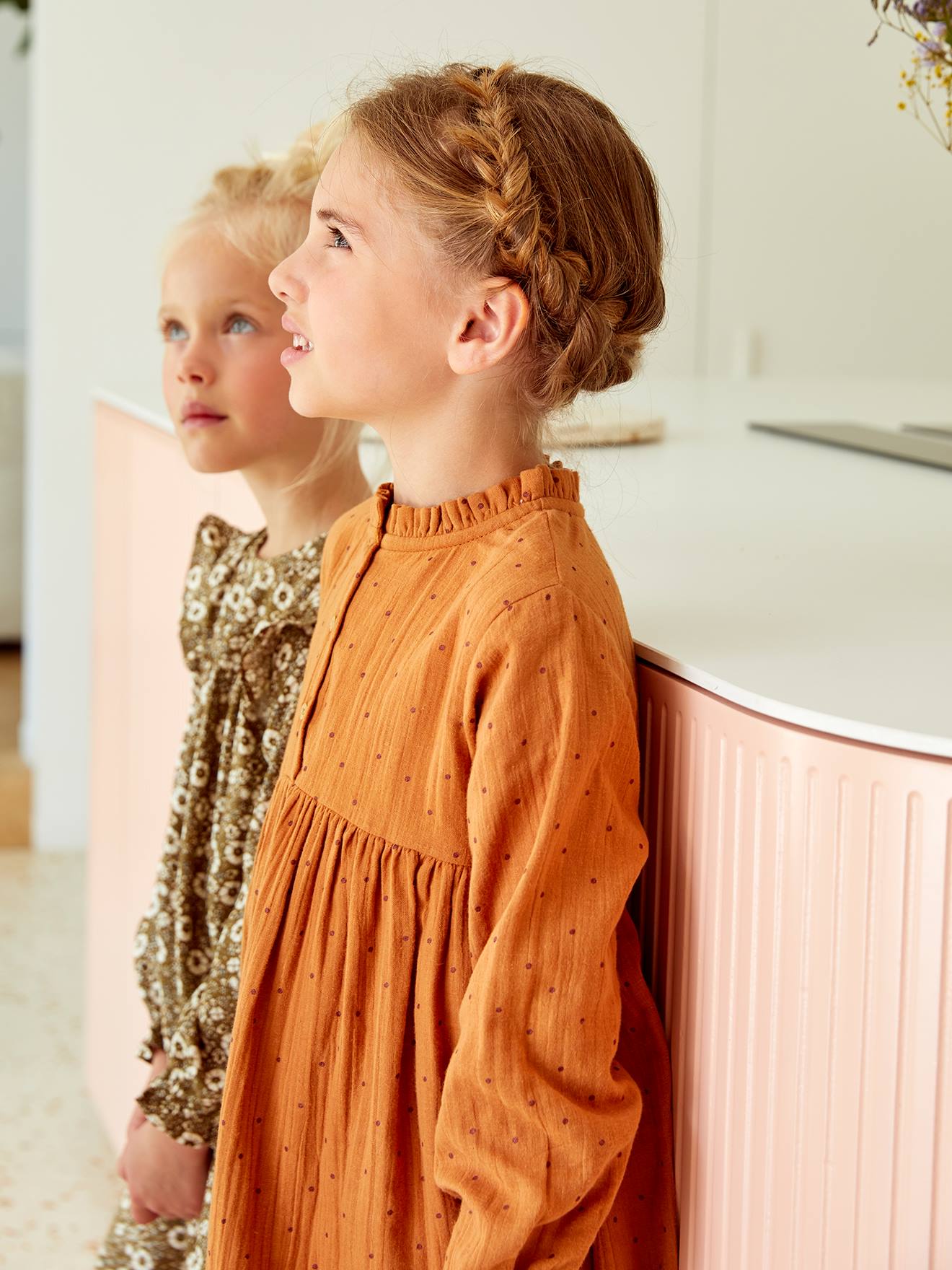 Robe en gaze de coton détails fantaisie fille beige
