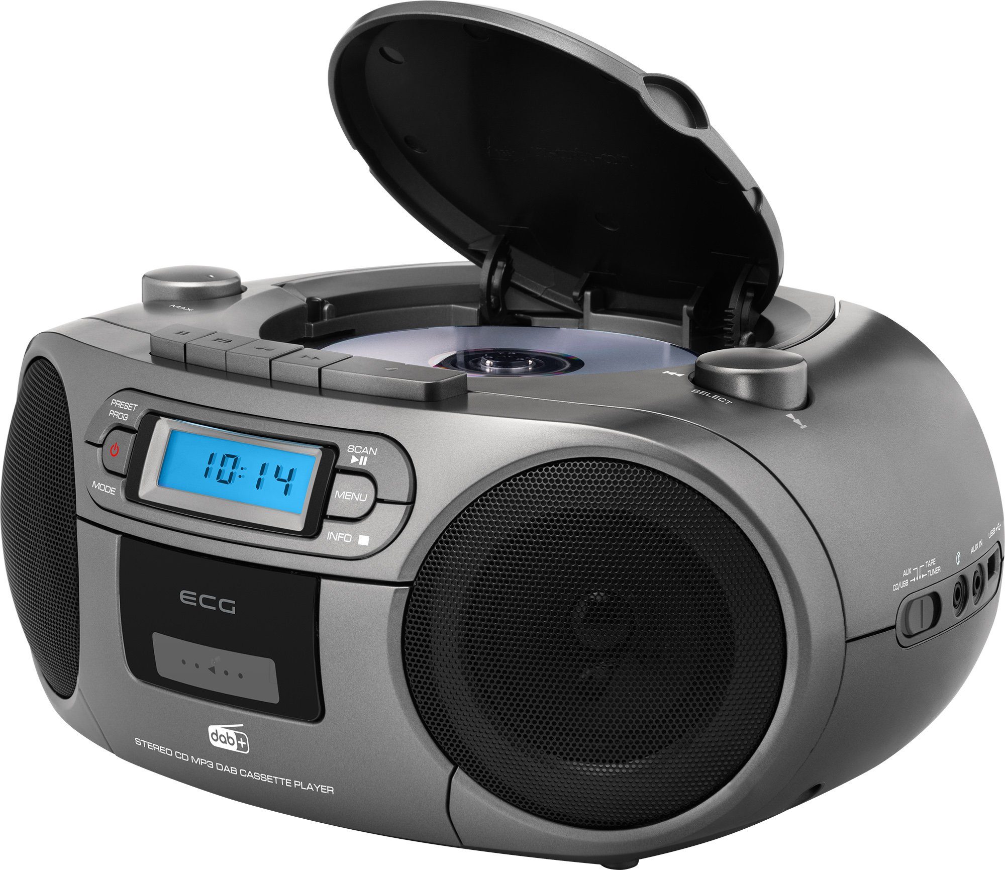 ECG CDR 999 Digitalradio (DAB) (Digitalradio (DAB), FM Digital Tuner, Kassettenplayer, CD-Player, MP3 / WMA-Musikwiedergabe vom USB-Laufwerk, 3,00 W, Abspielen von Kassetten, CDs und USB-Sticks, Digitalradio hören, Netz- und Batteriebetrieb)