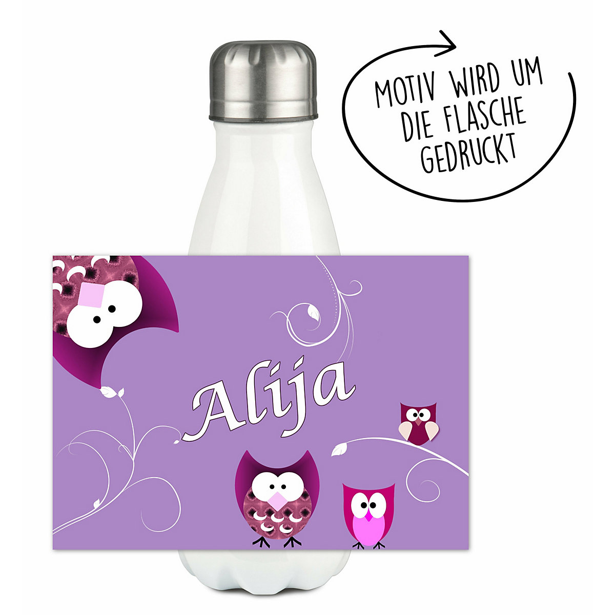 Edelstahl Kinder Thermoflasche / Trinkflasche bunt Eule Farbe lila Spülmaschinenfest, Auslaufsicher, Bruchfest, Doppelwandig, Für Heißgetränke geeignet, Mit Deckel, Isoliert