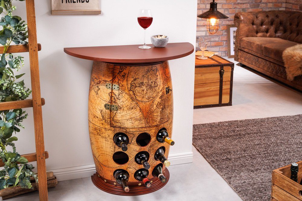 riess-ambiente Weinregal SEVEN SEAS 80cm natur / braun, Einzelartikel 1-tlg., Wohnzimmer · Massivholz · Barschrank · Fass · Weltkarte