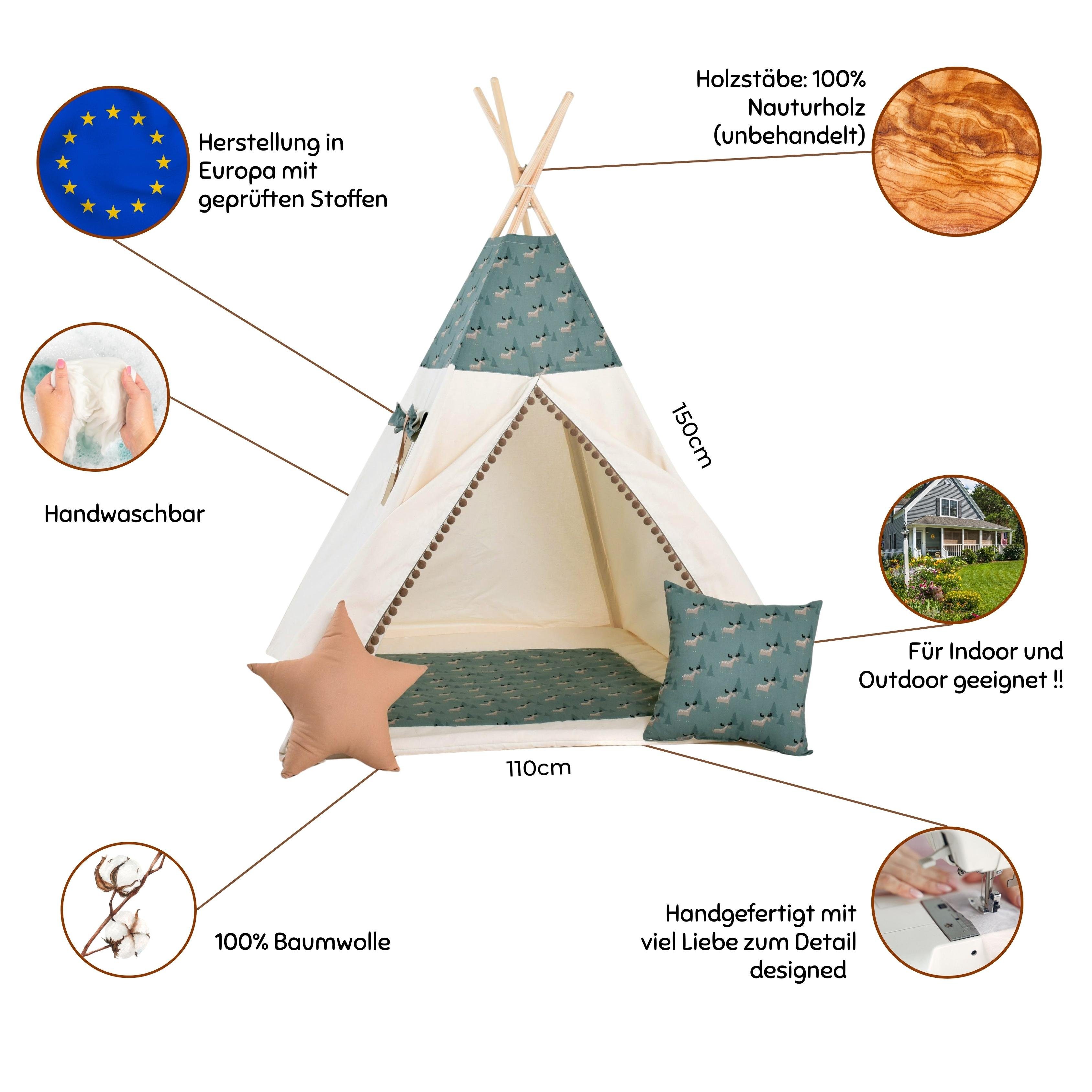 Rainbow Kids Tipi-Zelt Elchilein, Personen: 2 (mit kleinem Zubehör, 4 tlg., mit 2 Kissen und Matte)