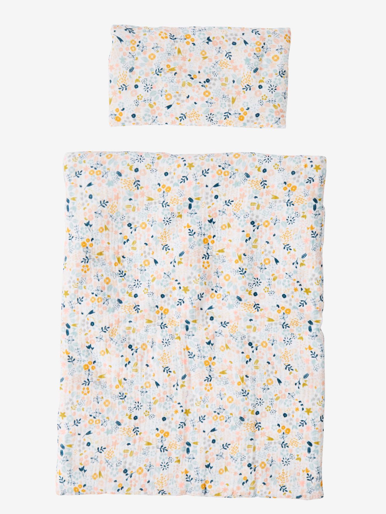 Couette + oreiller poupon en gaze de coton blanc fleuri