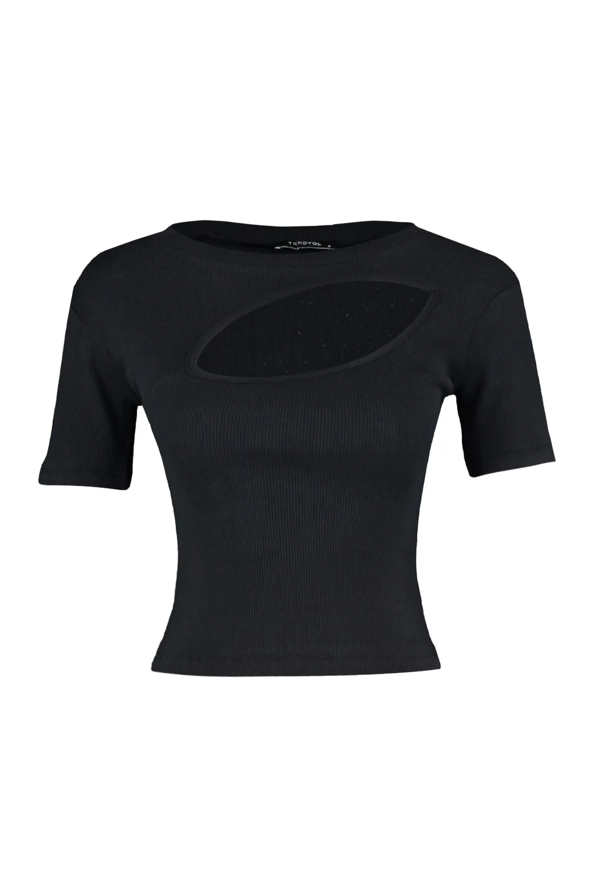 Trendyol Collection  Schwarze, eng anliegende, gerippte, dehnbare Strickbluse mit Rundhalsausschnitt und Ausschnitten in Schwarz TWOSS22BZ0355