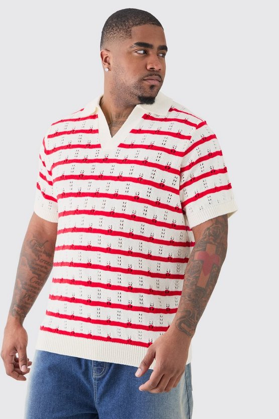 Plus kurzärmliges gehäkeltes Poloshirt mit Streifen