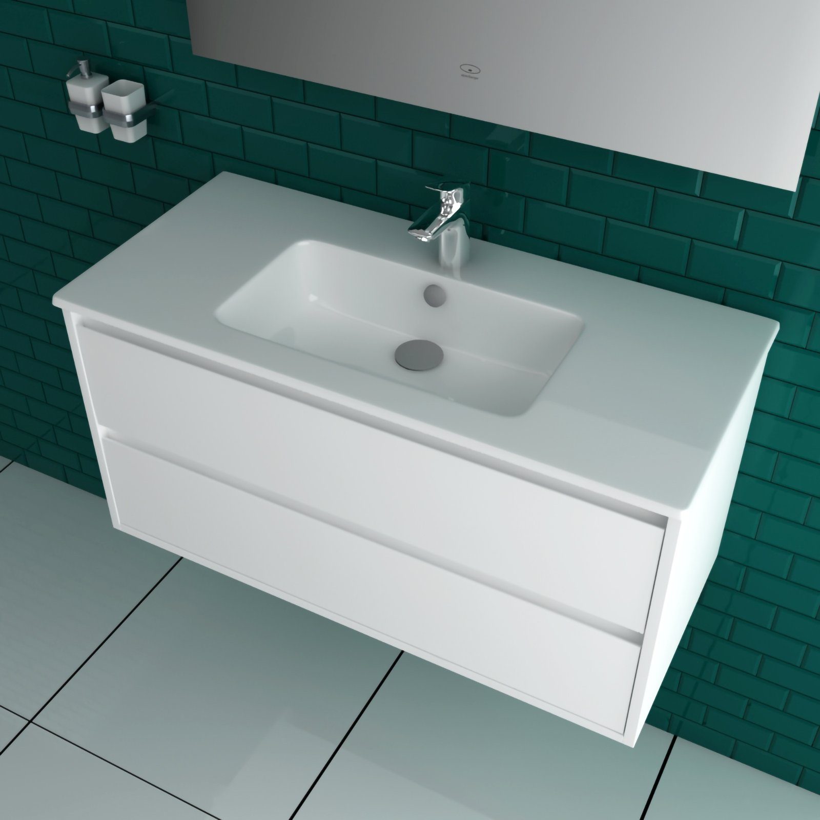 Alpenberger Badezimmer-Set - Waschplatz aus Keramik Handwaschbecken und Schrank mit 2 Schubladen, (Komplett Badmöbel Set, 2-St., Waschbecken mit Unterschrank 100cm), Soft-Close Badunterschrank Weiß hängend & vormontiert