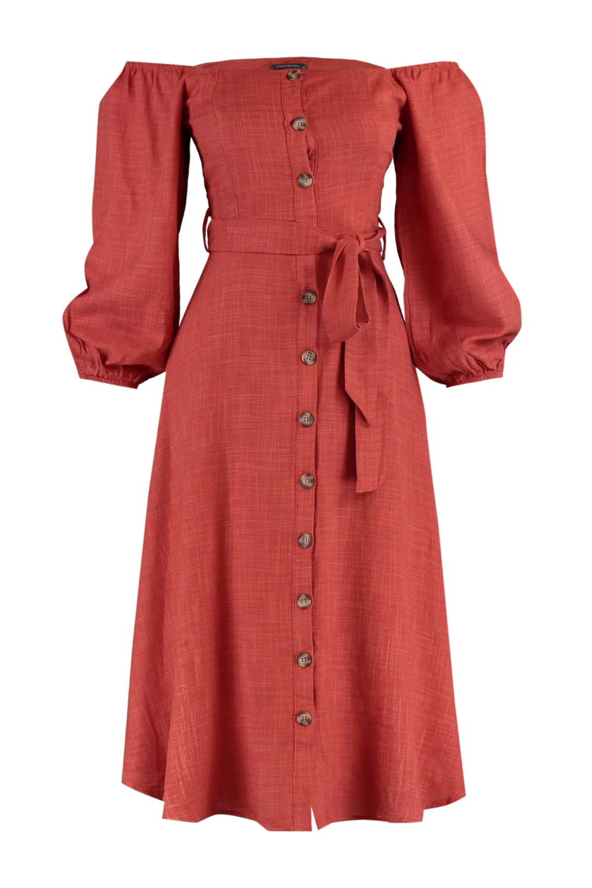 Trendyol Collection  Zimtfarbenes, gewebtes Midikleid mit Gürtel und Knöpfen TWOSS19IE0009