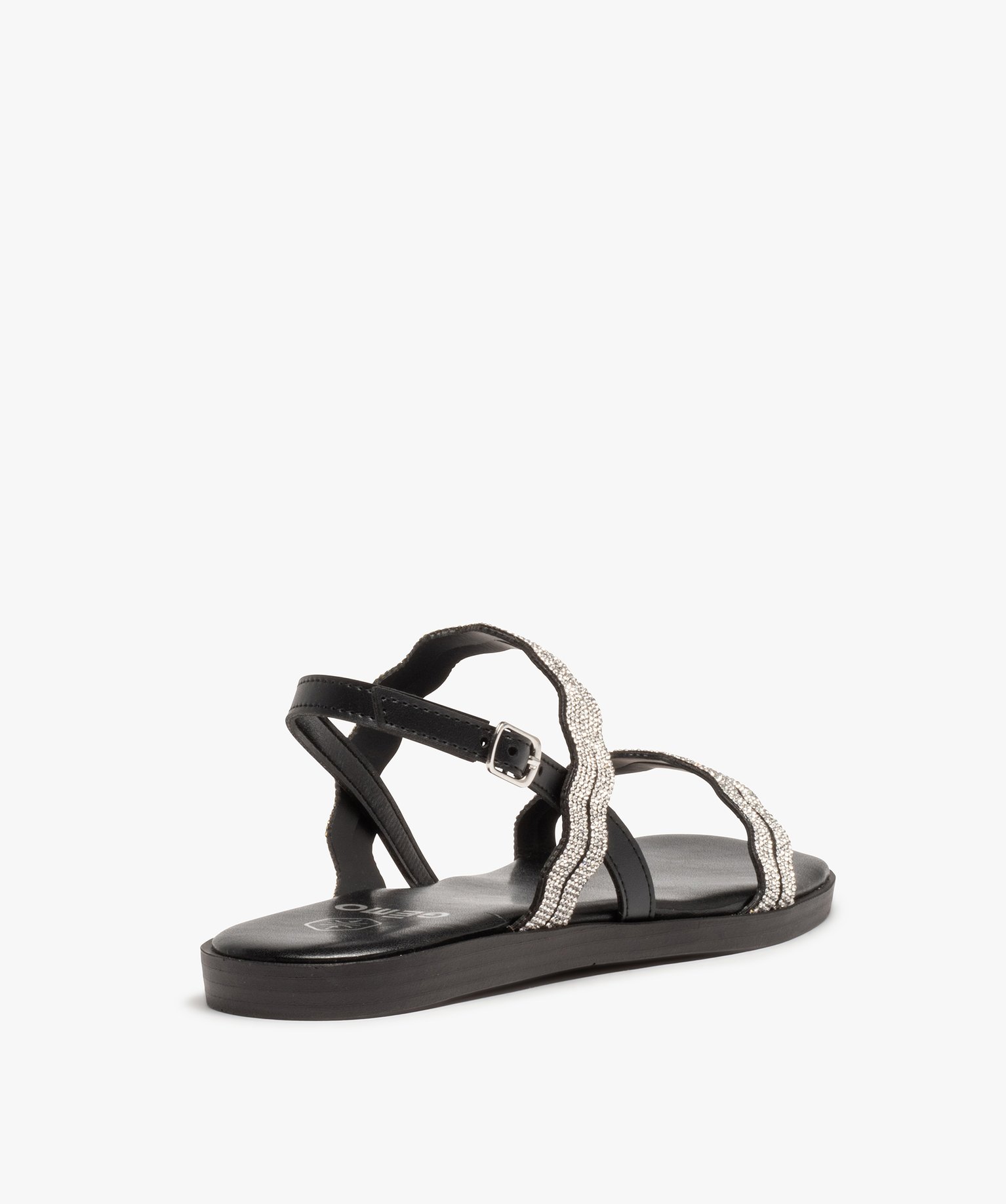 Sandales femme à talon plat et brides strass noir | GEMO