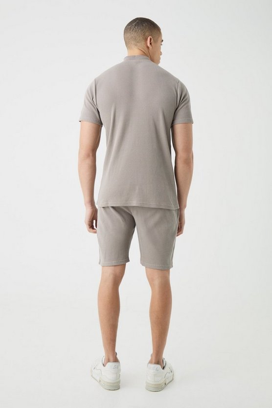 Slim-Fit Bomber-Poloshirt & Shorts in Waffeloptik