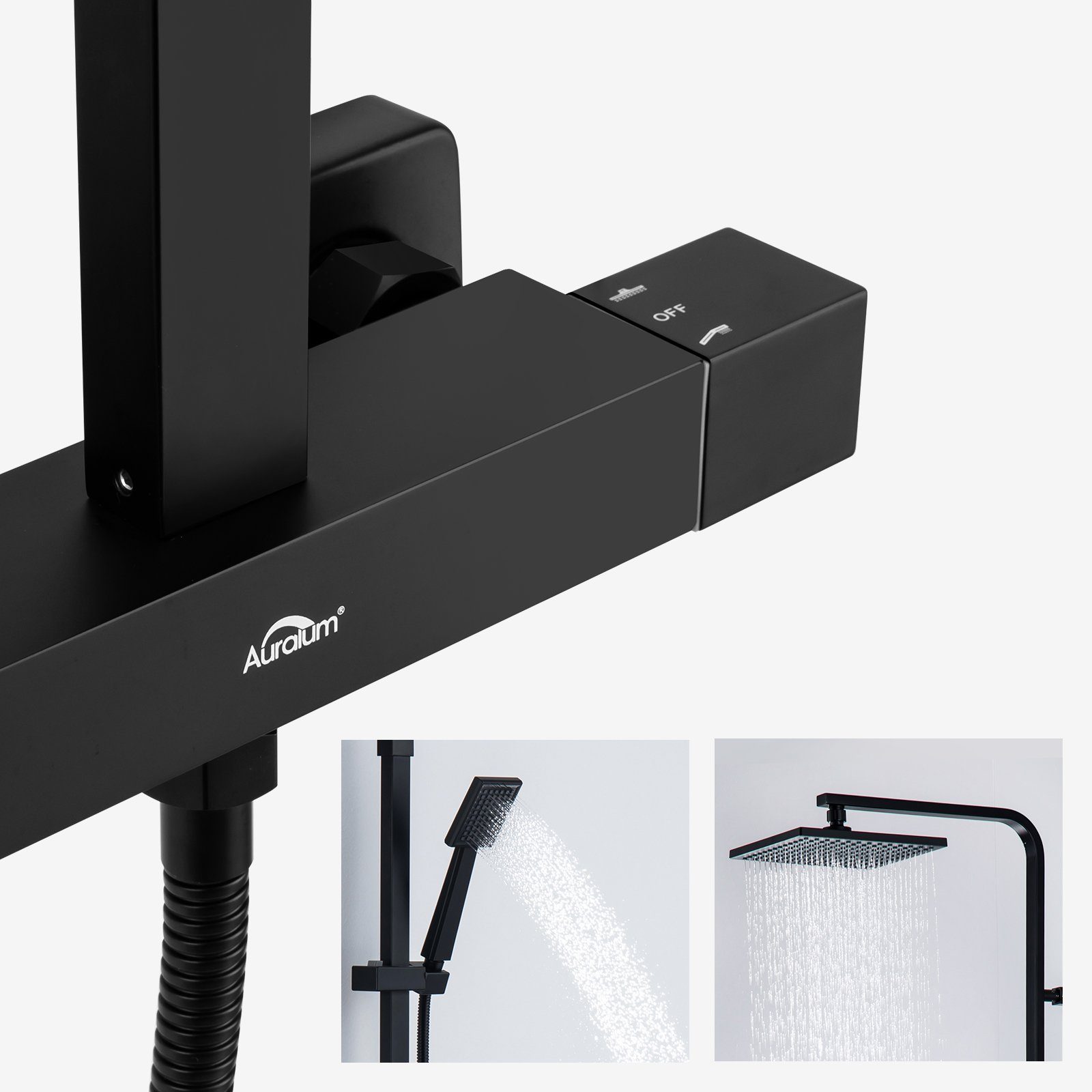 Auralum Duschsäule Duschsystem mit Thermostat Duscharmatur Duschset mit Regendusche, mit Handbrause und höhenverstellbar Duschstange