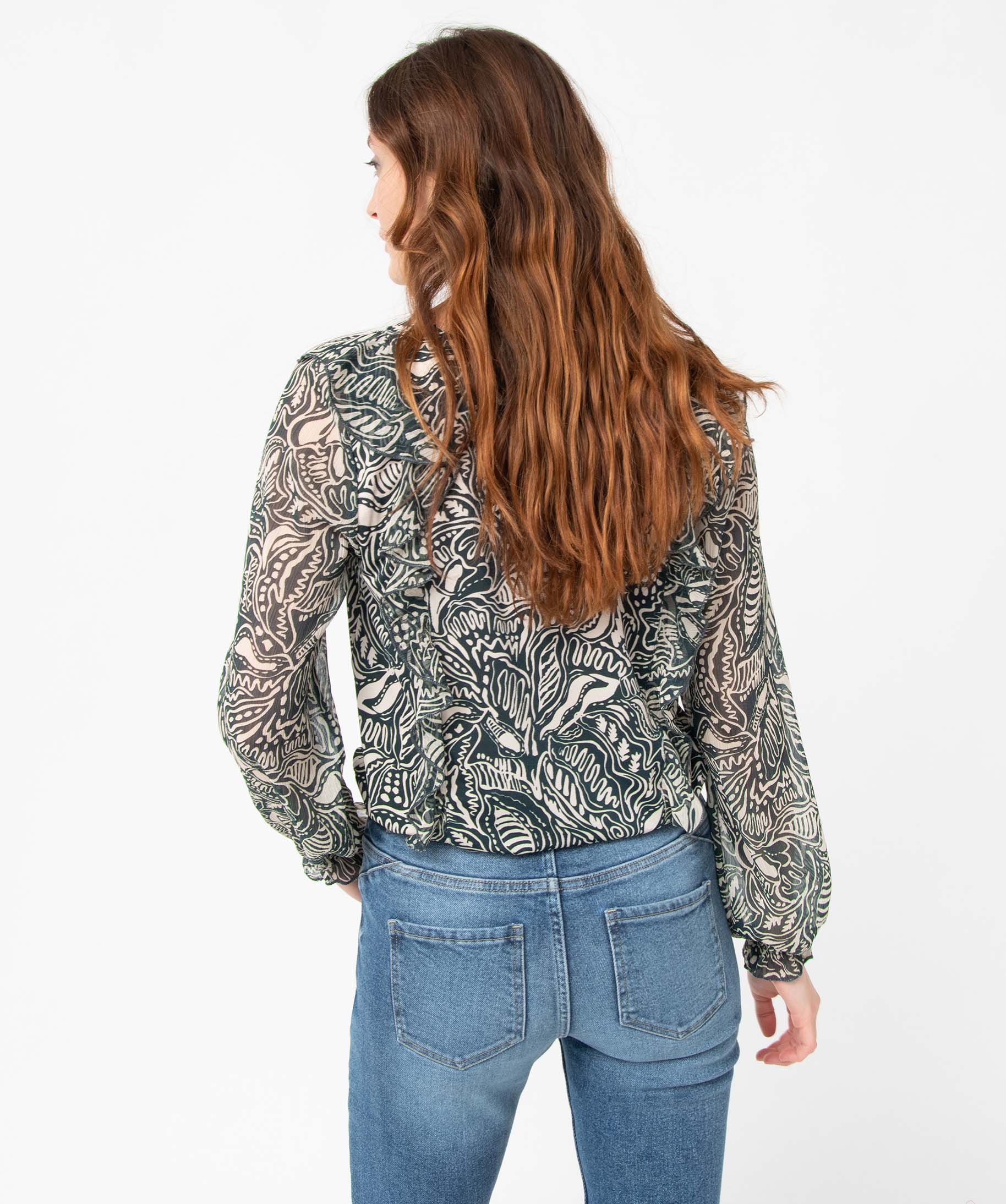 Tee-shirt femme imprimé à manches longues en voile et volants vert | GEMO