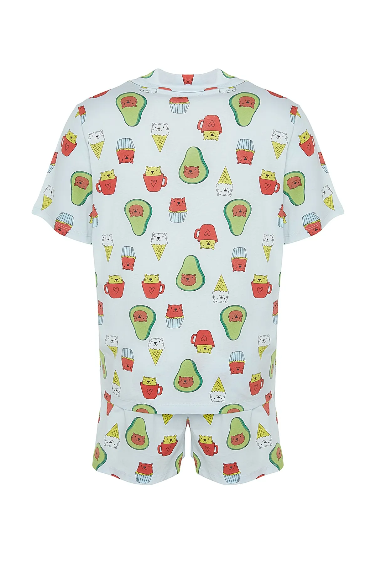 Trendyol Curve  Blaues bedrucktes Pyjama-Set aus Strick mit Knöpfen TBBSS22PT0707