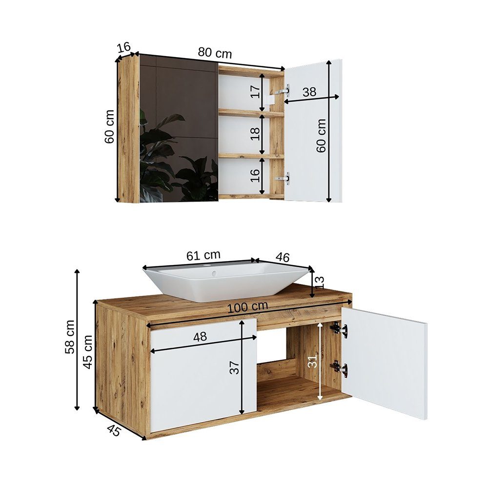 Roomart Badmöbel-Set, (Badmöbel Set 3-teilig 100cm Unterschrank mit Waschbecken Spiegelscrank)