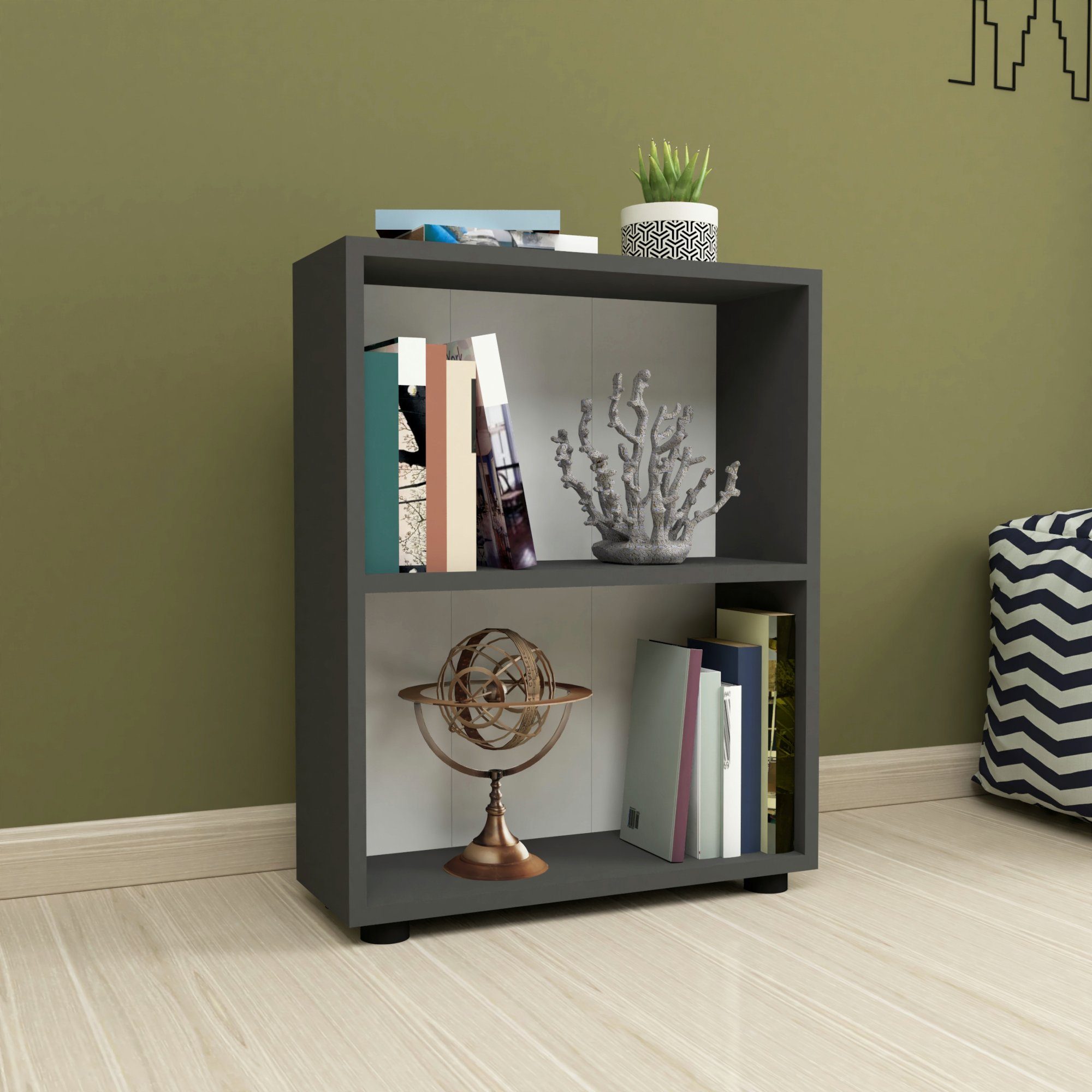 en.casa Bücherregal, Vara Standregal mit 2 Ebenen Wohnzimmerregal 72x55x20cm Anthrazit