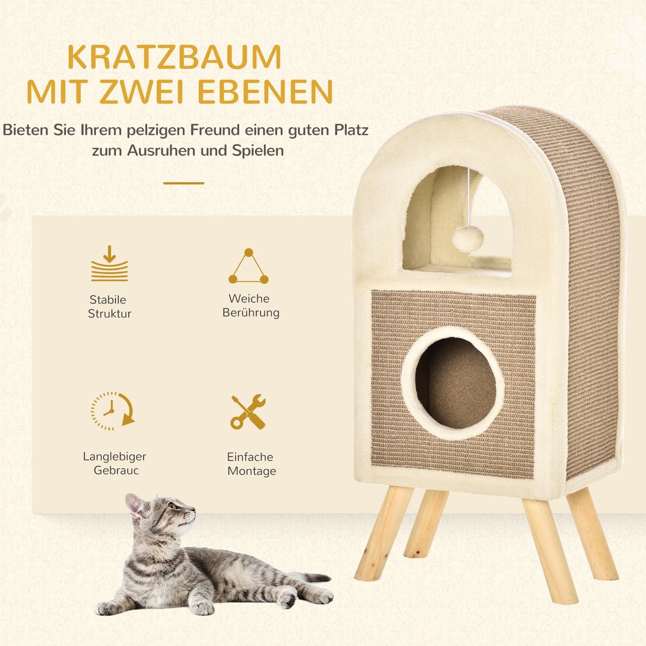 PawHut Kratzbaum Katzenhöhle mit Spielbällen Kratztonne Plüsch Sisal Kaffee