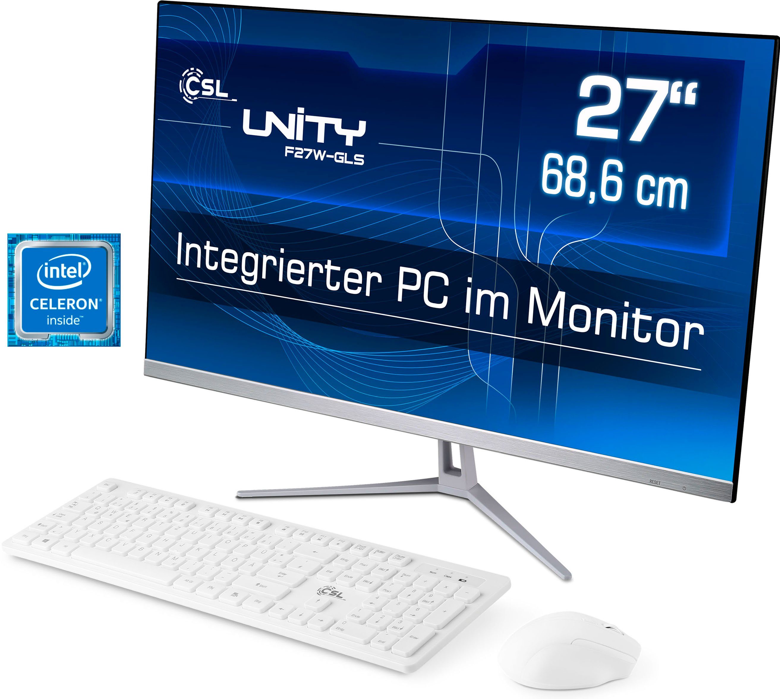 CSL Unity F27-GLS mit Windows 10 Pro All-in-One PC (27 Zoll, Intel® Celeron Celeron® N4120, UHD Graphics 600, 16 GB RAM, 128 GB SSD)