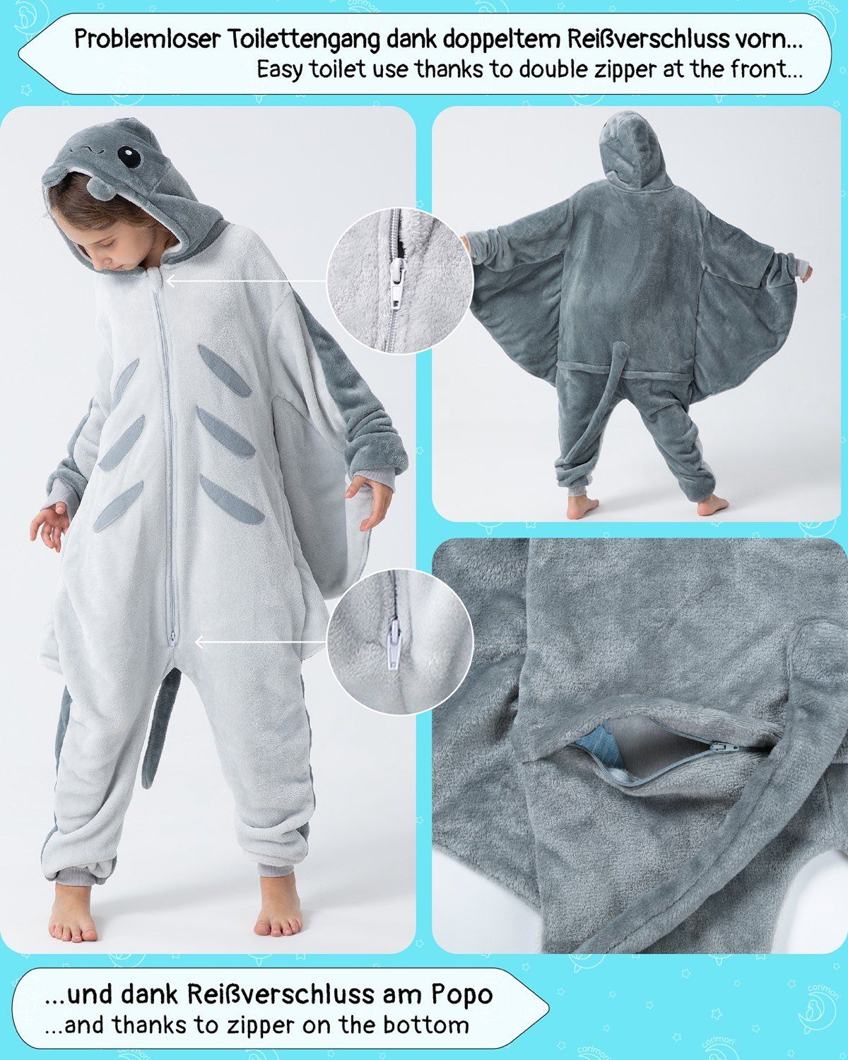 Corimori Jumpsuit Flauschiges Manta Rochen-Kostüm für Kinder (1-tlg) Karneval, Fasching, Onesie, Mädchen, Jungen, Jugendliche, Meeres-Tiere