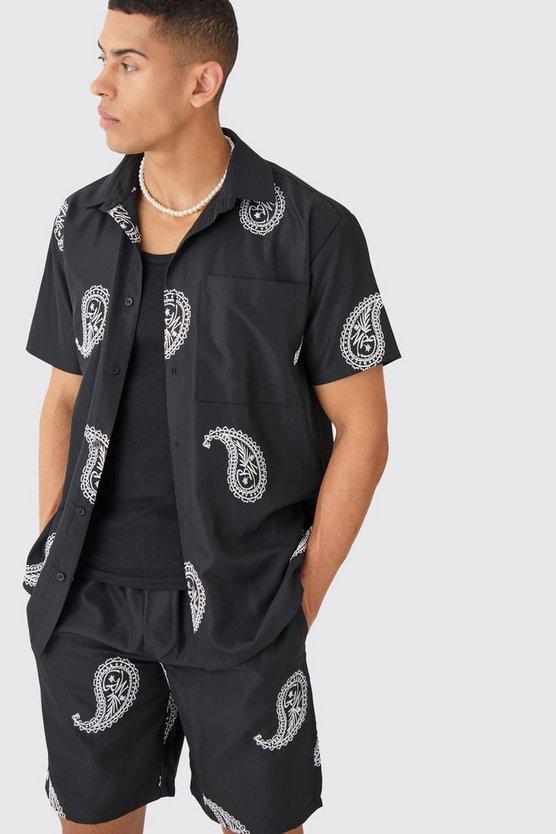 Oversize Twill-Hemd und Shorts mit Paisley-Stickerei