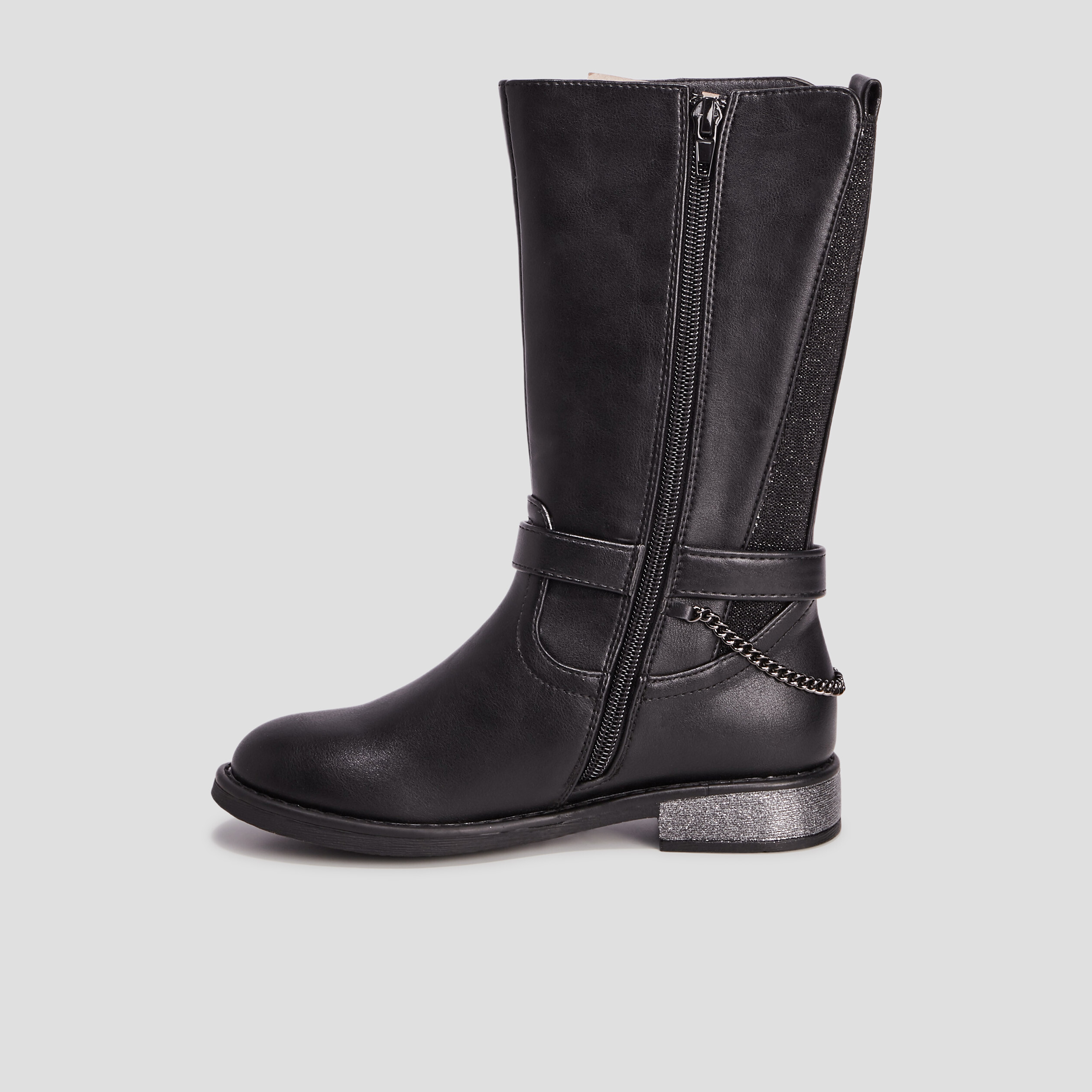 Bottes zippées avec chaînes et brides noir fille | La Halle