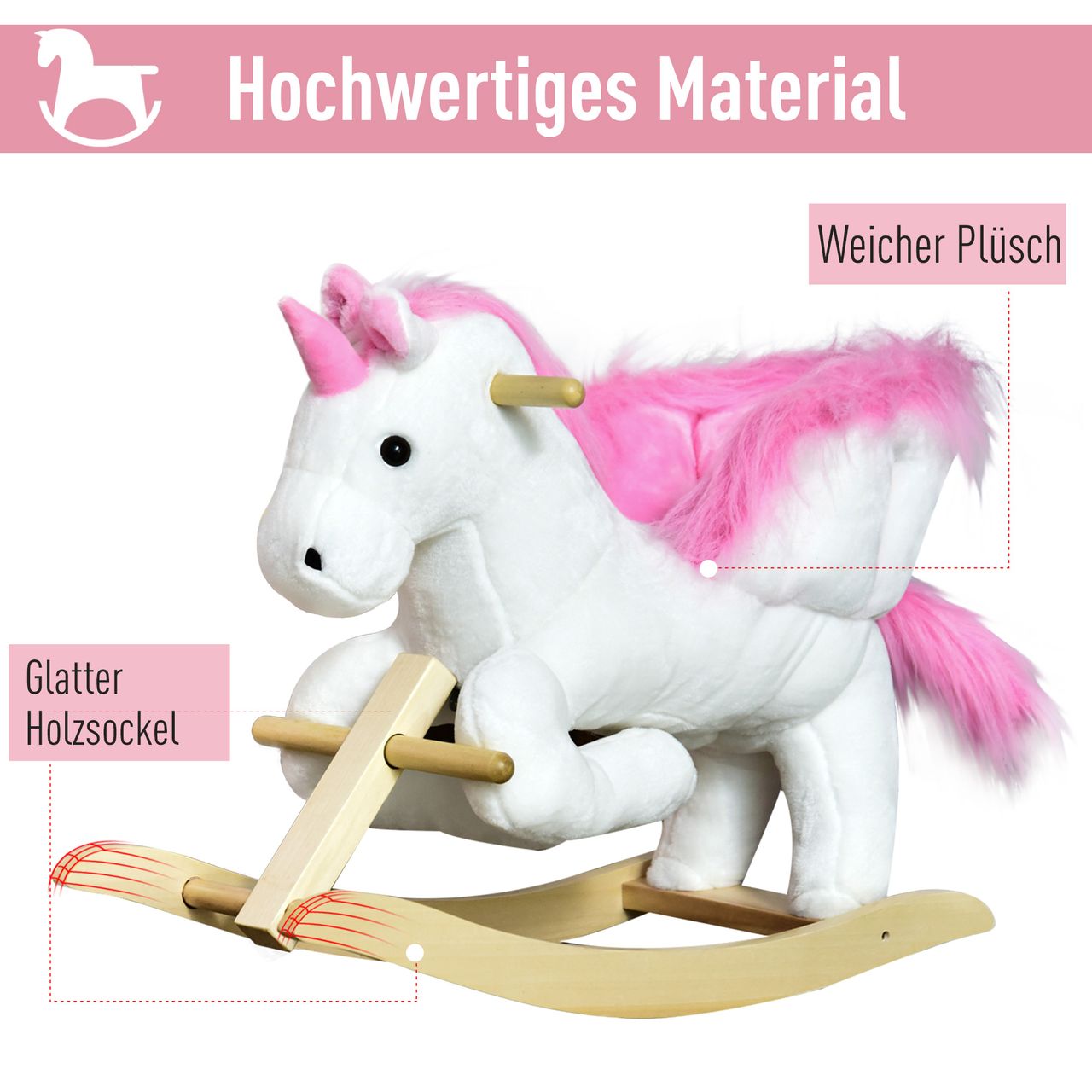 HOMCOM Schaukeltier Schaukelpferd Kinder Schaukel magisches Einhorn-Design mit Musik für Kinder für 18-36 Monate Baby Plüsch Holz Stahl Rosa Weiß 65 x 32 x 55 cm