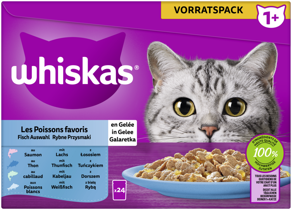 Whiskas Portionsbeutel Multipack Vorratspack 1  Fisch Auswahl in Gelee 24 x 85g