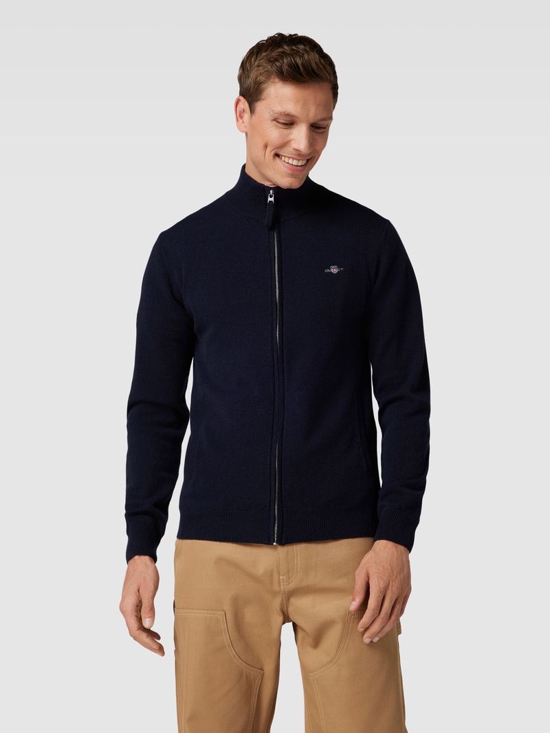 Strickjacke aus reiner Lammwolle mit Label-Stitching in marineblau