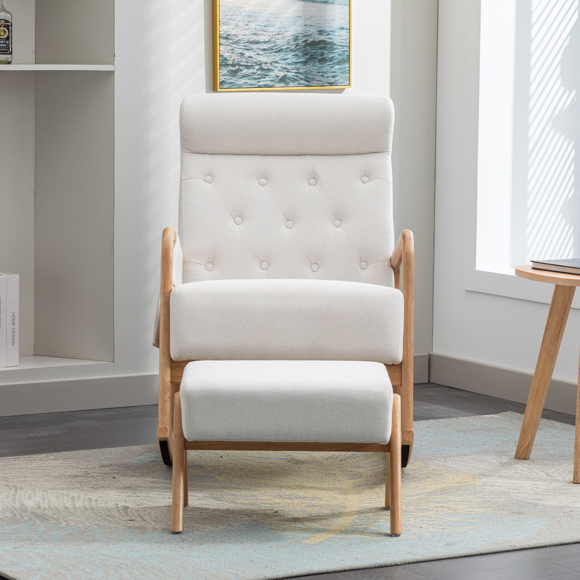 WISHDOR Relaxsessel Schaukelstuhl Relaxsessel Schaukelsessel, Relaxstuhl, mit Hocker (Leinen, Mit Seitentaschen, mit Hocker), Kissen und Rückenlehne integriertes Design