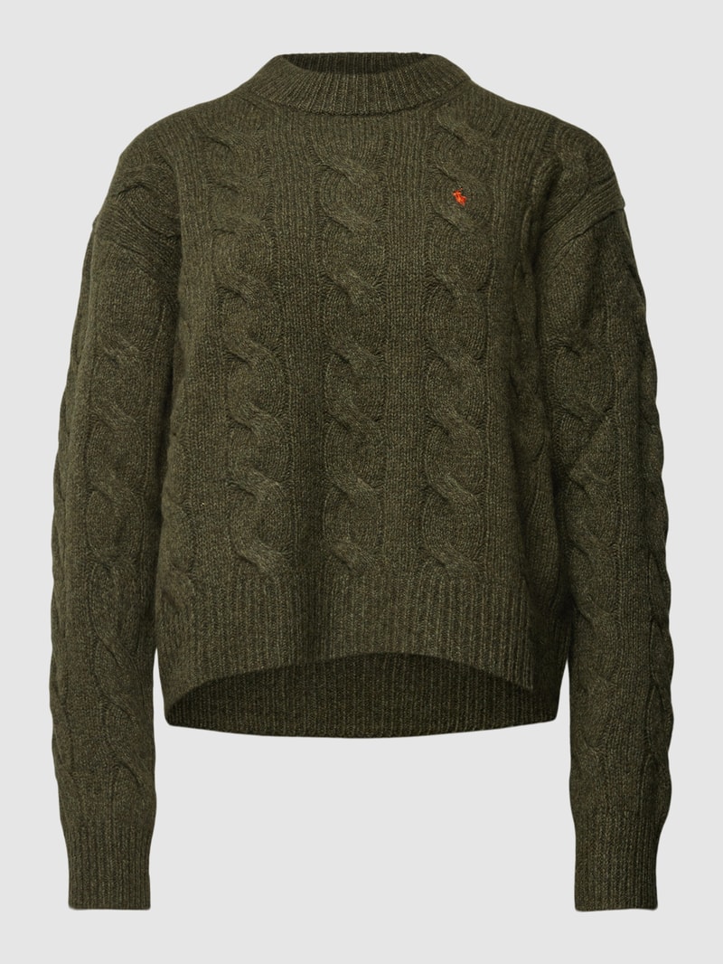 Strickpullover aus Wolle-Kaschmir-Mix mit Zopfmuster in olivgrün