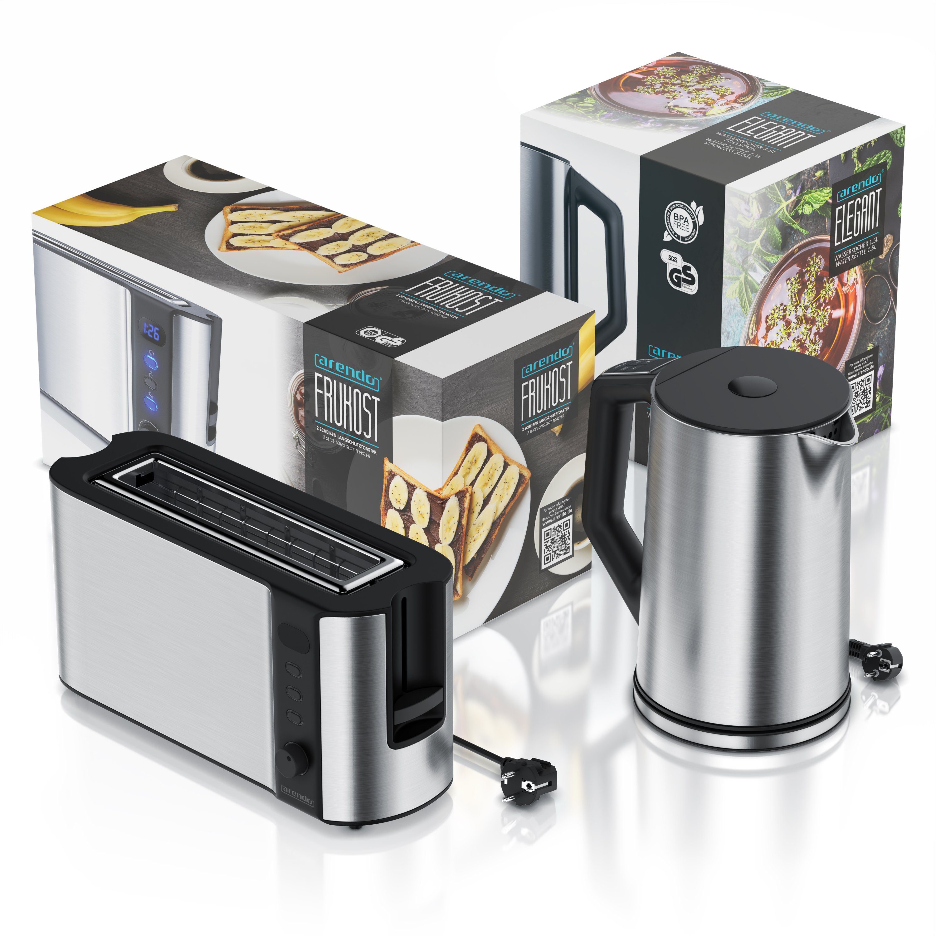 Arendo Frühstücks-Set (2-tlg), Wasserkocher 1,5l & 2-Scheiben Langschlitz Toaster, Edelstahl, Silber
