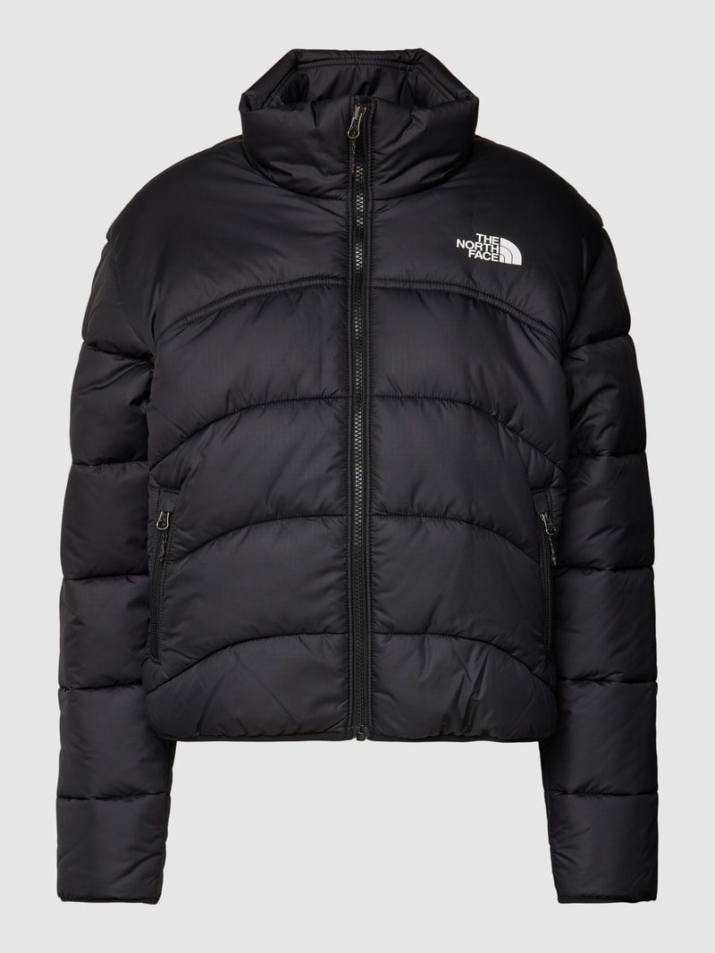 Steppjacke mit Label-Print und seitlichen Reißverschlusstaschen in schwarz