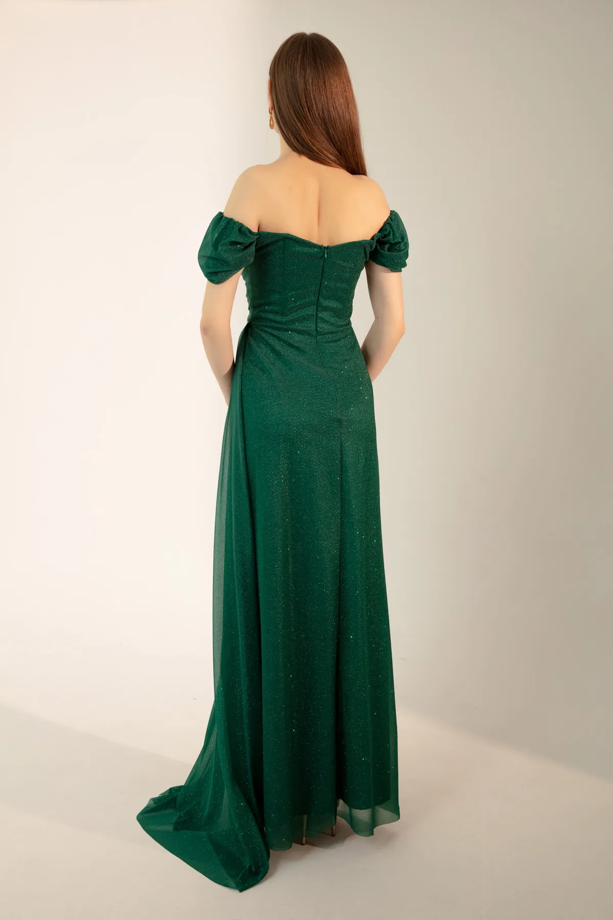 Lafaba  Smaragdgrünes, langes, silbernes Abendkleid mit U-Boot-Ausschnitt und Schlitz für Damen
