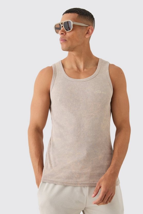 Geripptes Slim-Fit Man Signature Tanktop mit Acid-Waschung