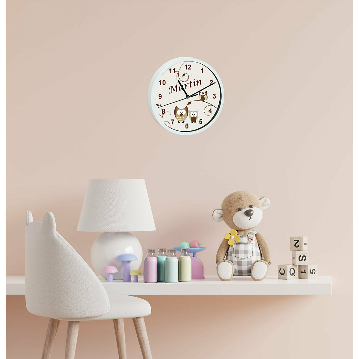 Kinder Wanduhr personalisiert mit Name Eule Beige