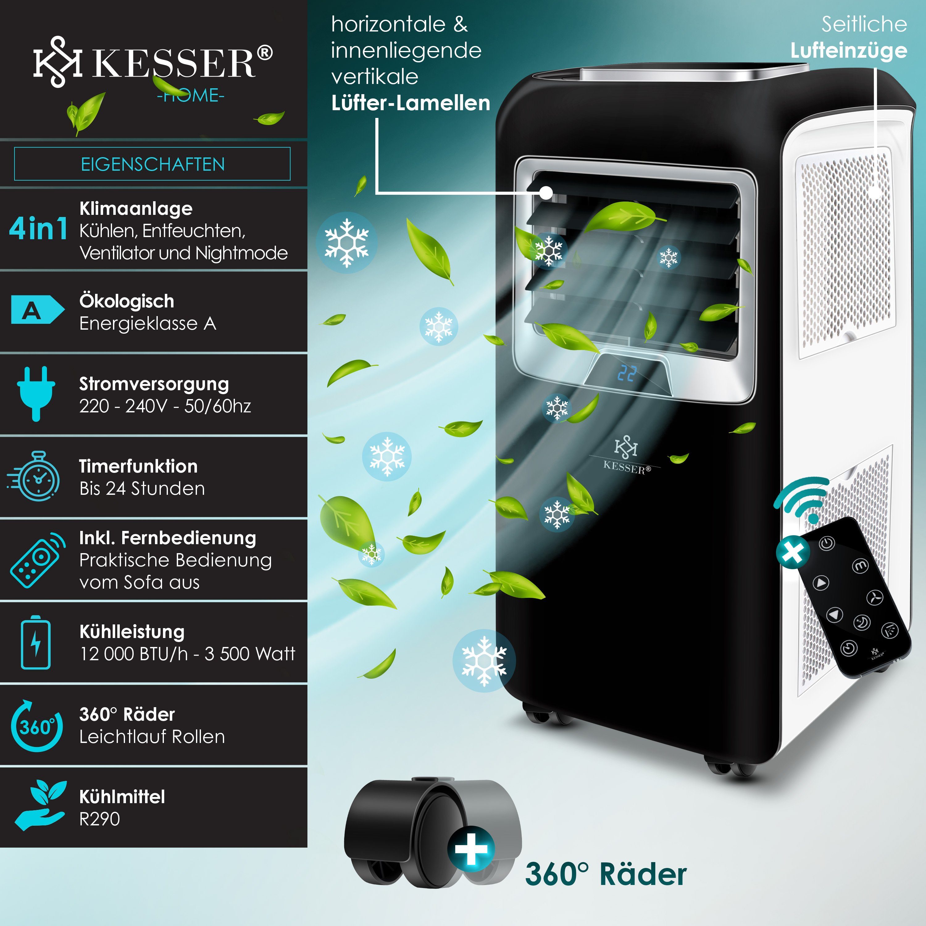 KESSER Klimagerät, Klimaanlage Mobiles Klimagerät 4in1 kühlen, Luftentfeuchter