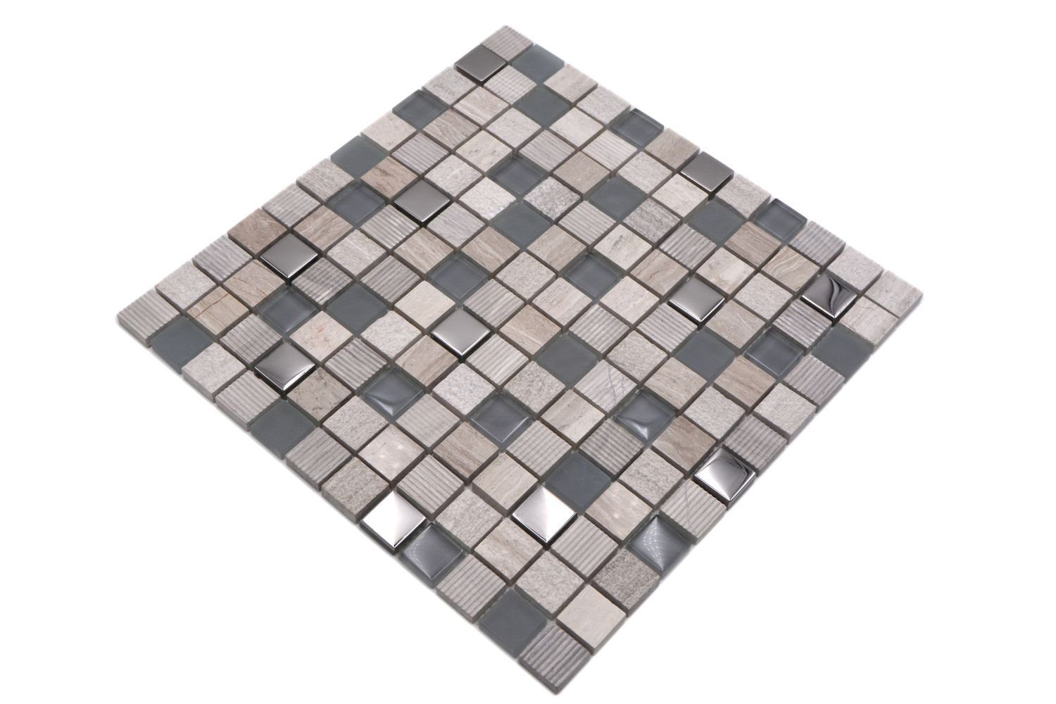Mosani Mosaikfliesen Glasmosaik Naturstein Mosaik hellgrau silber matt / 10 Matten