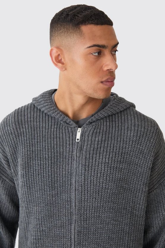 Kastiger gerippter Hoodie mit Reißverschluss
