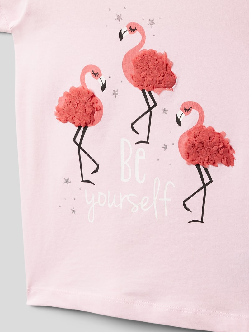 T-Shirt mit Motiv-Print mit Rüschenapplikation in rosa