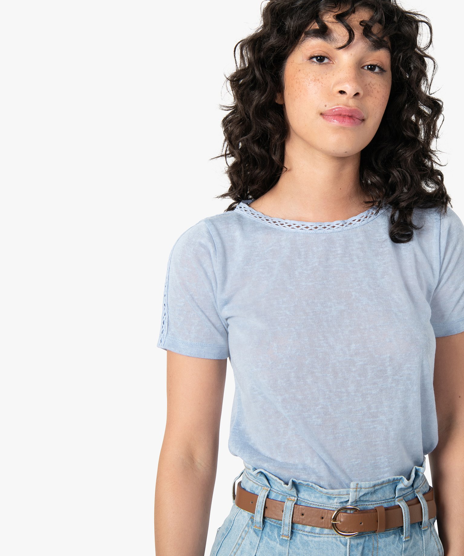 Tee-shirt femme à manches courtes en maille fine bleu | GEMO
