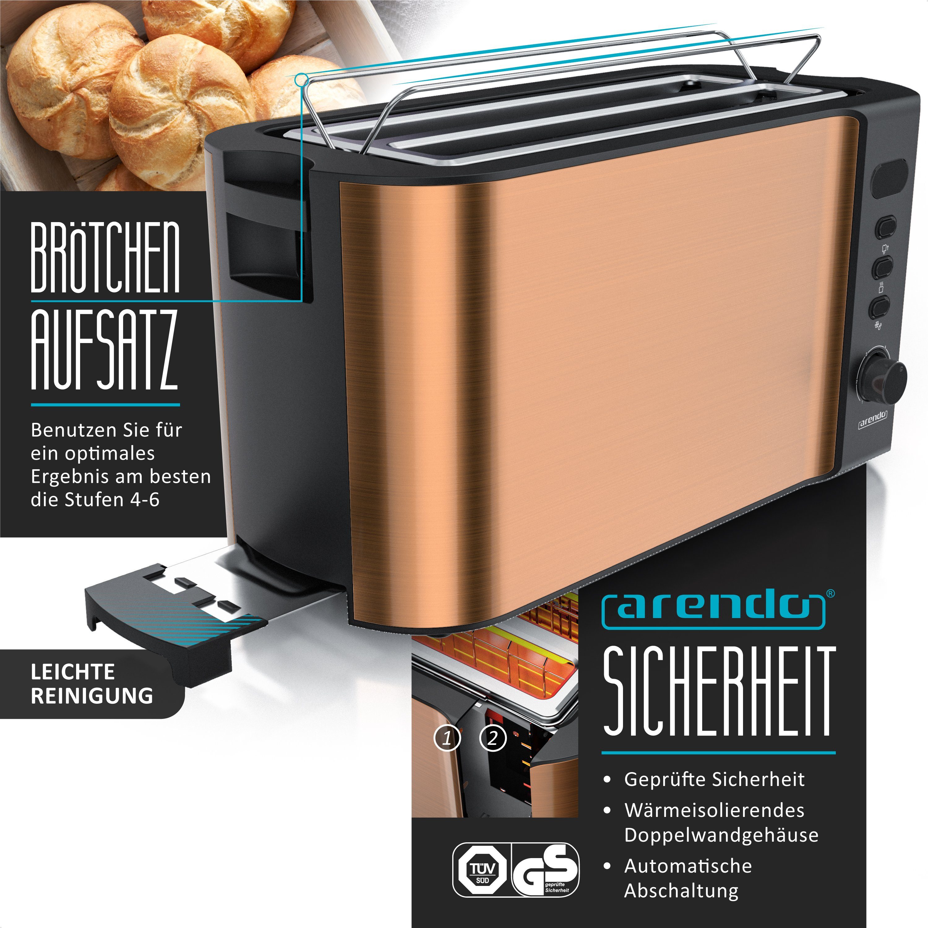 Arendo Frühstücks-Set (3-tlg), Wasserkocher 1,5l, 4-Scheiben Toaster, 7er Eierkocher, Kupfer
