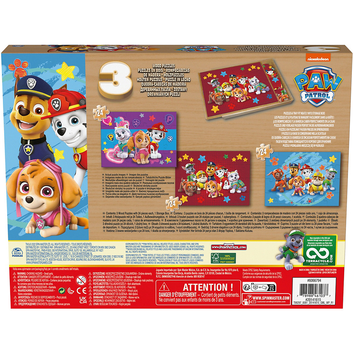 Paw Patrol, 3-Holzpuzzle-Sammlung 24-teilige Kinderpuzzles mit tragbarer Holzbox zur Aufbewahrung, Chase, Marshall, Skye, Rubble, für Vorschulkinder