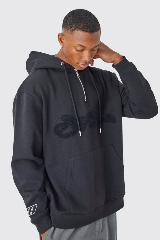 Oversize Hoodie mit Frottee-Applikation und 1/4 Reißverschluss