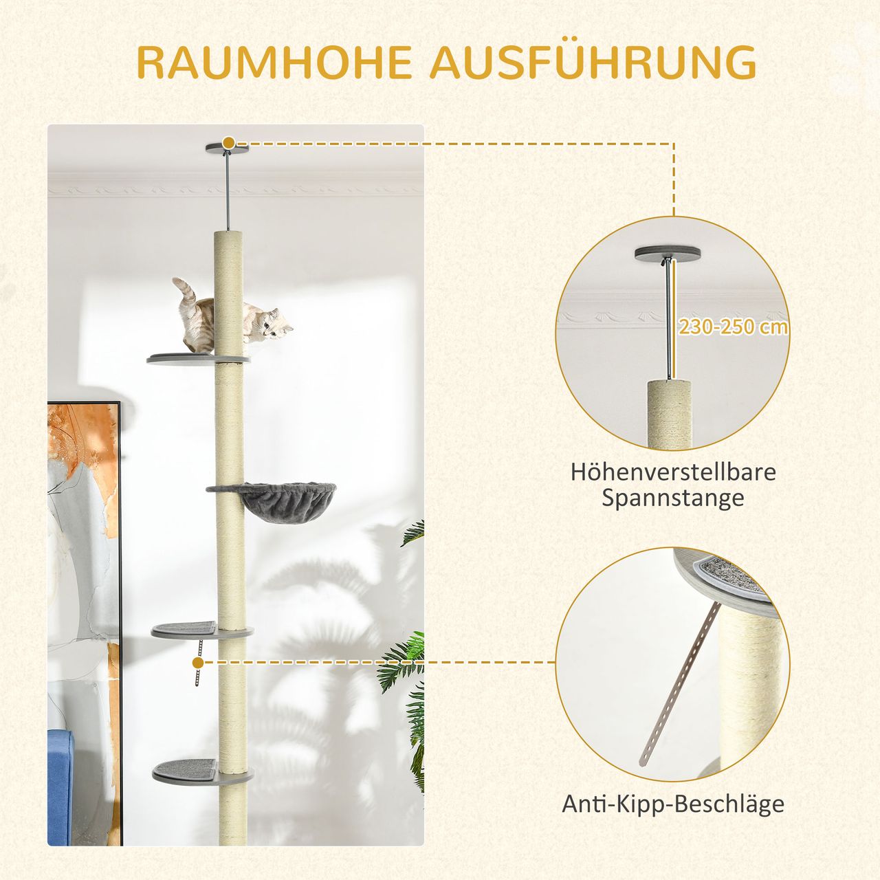 PawHut Kratzbaum, Katzenbaum Deckenhoch, Katzenkratzbaum, Höhenverstellbar