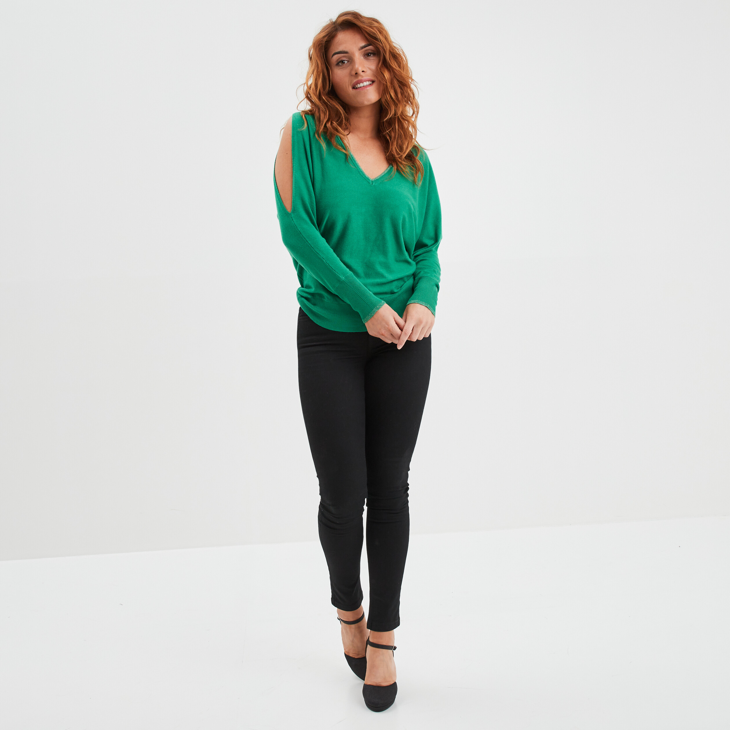 Pull manches chauve-souris à ouvertures vert émeraude femme | La Halle