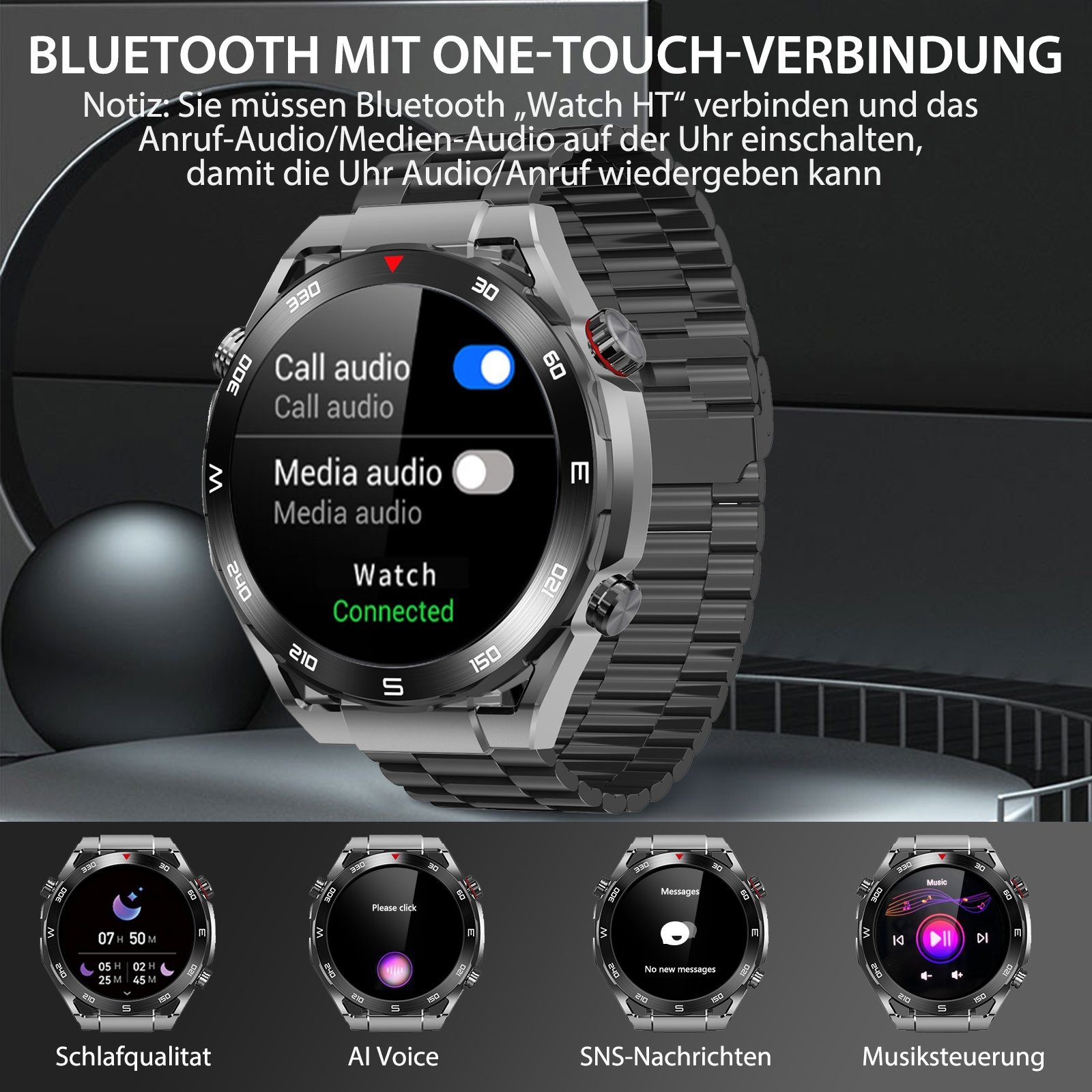 Yuede Smartwatch, Fitness Tracker uhr mit Anruffunktion für Damen und Herren Smartwatch (Rundes 1,52-Zoll-UHD-Full-Touch-Farbdisplay Zoll) Gesundheits-Smartwatches mit Blutsauerstoff, Blutdruckmessung, Herzfrequenz, Schlafqualität, Schrittzähler, Mus