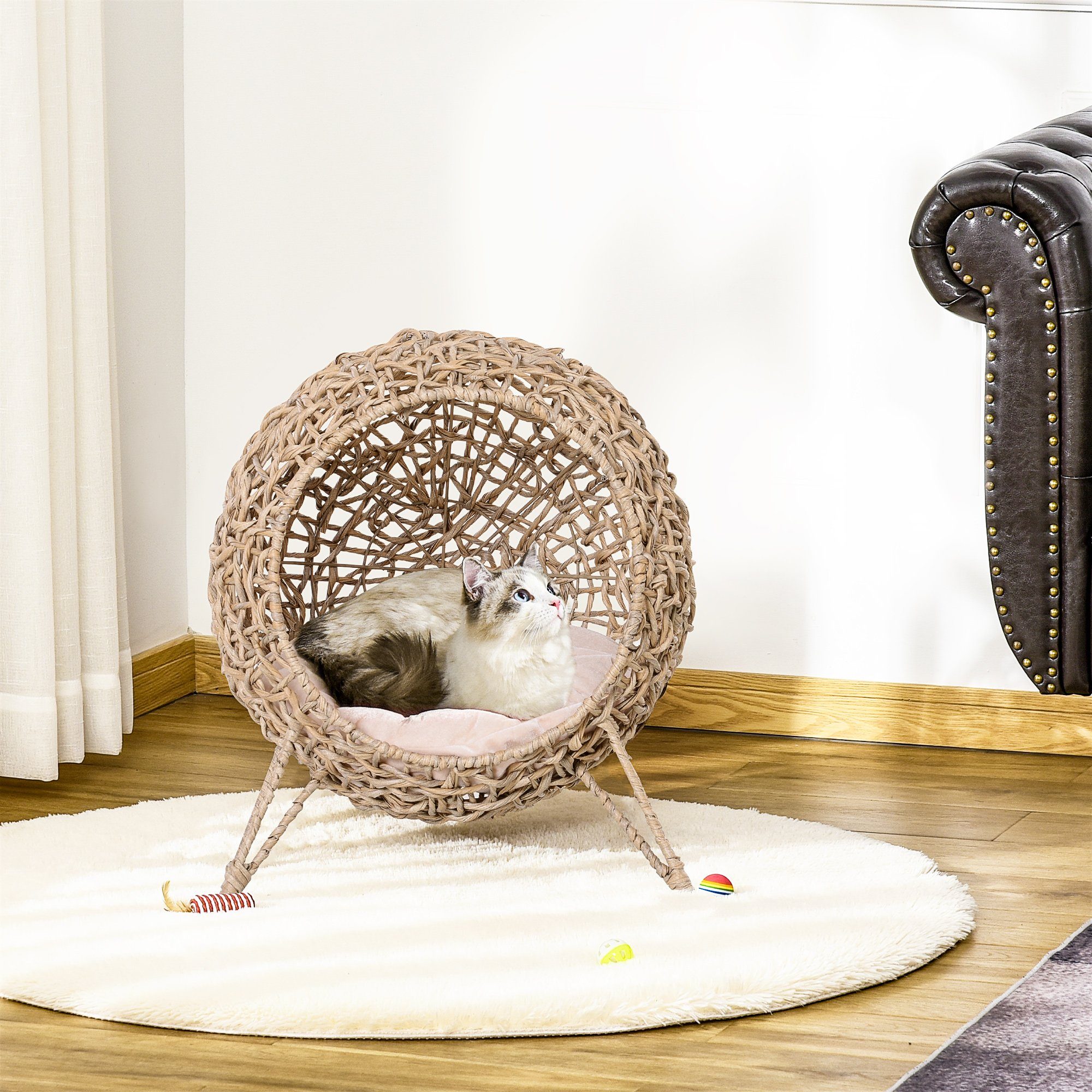 PawHut Tierhaus Katzenhaus aus PE-Rattan mit Kissen, erhöhten Füßen PE-Rattan Natur, Ø52 x 58H cm