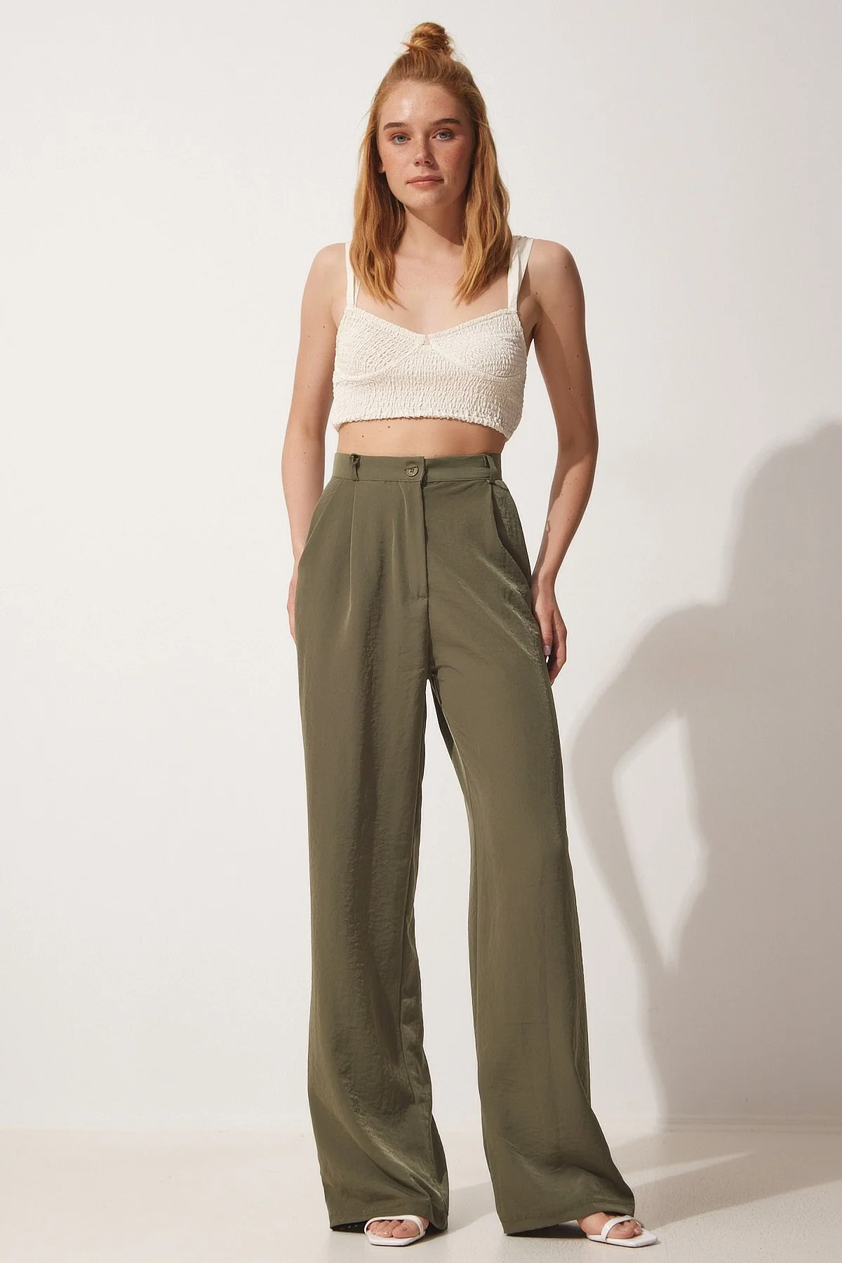 Happiness İstanbul  Khaki Flowy Ayrobin Palazzo-Hose für Damen RV00112