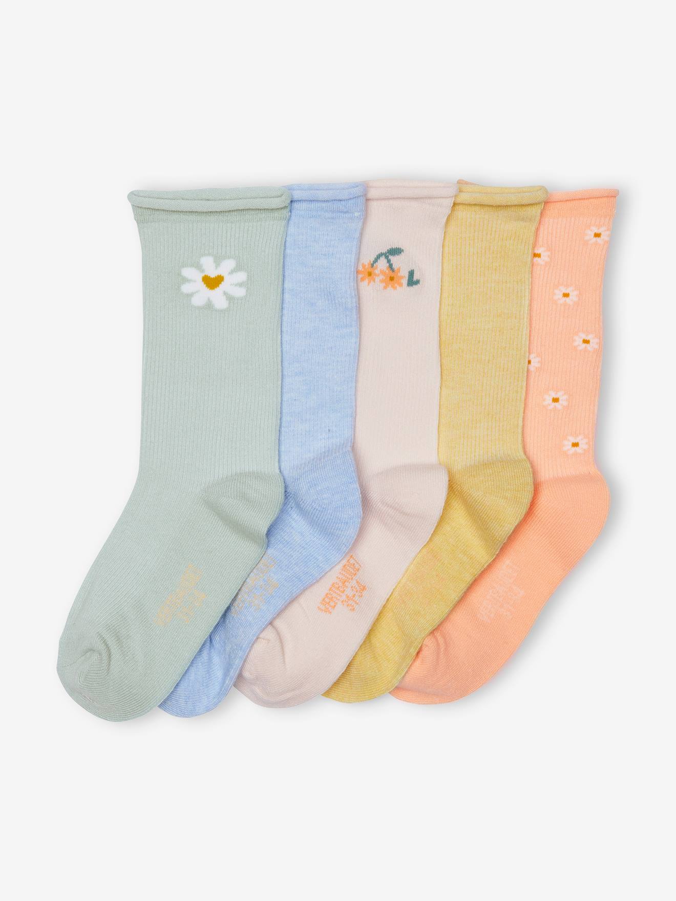 Lot de 5 paires de chaussettes marguerites fille en maille côtelée abricot