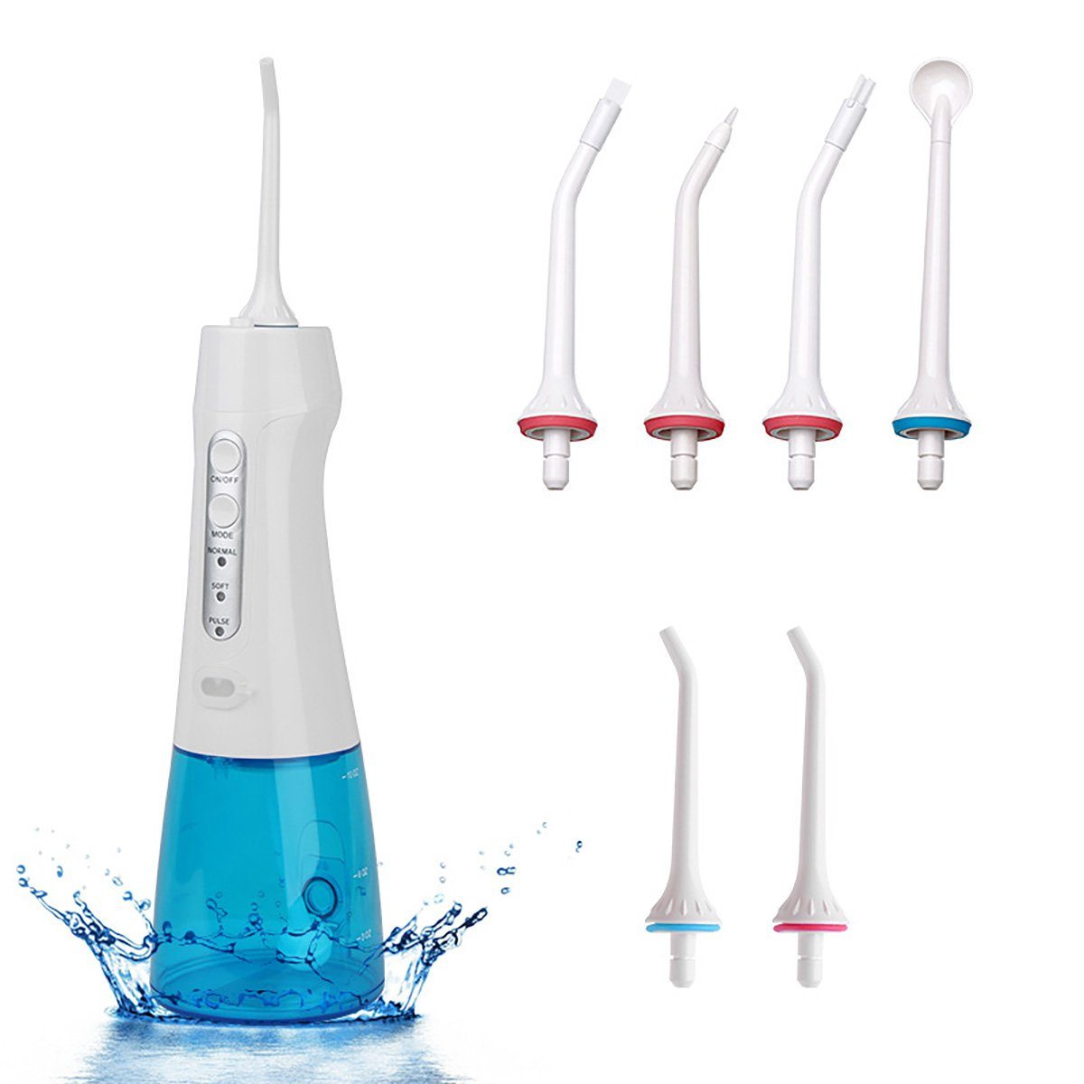 flowgoer Reise-Munddusche Kabellose Munddusche, elektrischer Zahnreiniger, 3 Modi, sechs Düsen, 3 Zubehör, USB-Schnellladung, lange Akkulaufzeit, 300ml Wassertank