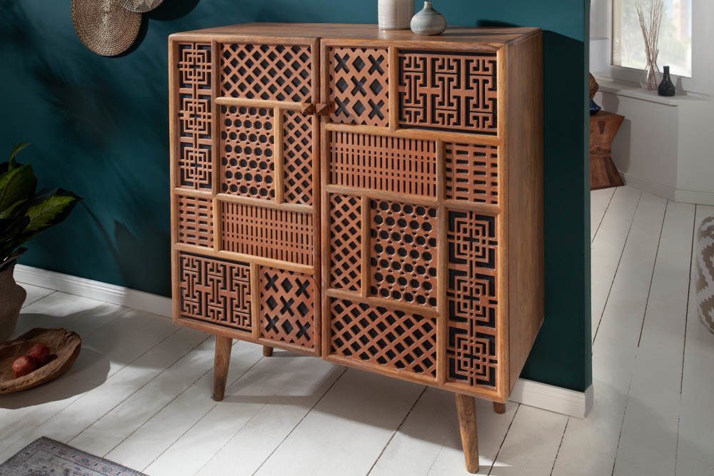 riess-ambiente Highboard MARRAKESCH 120cm natur, Massivholz · mit Verzierung · Boho · Anrichte · Akazie