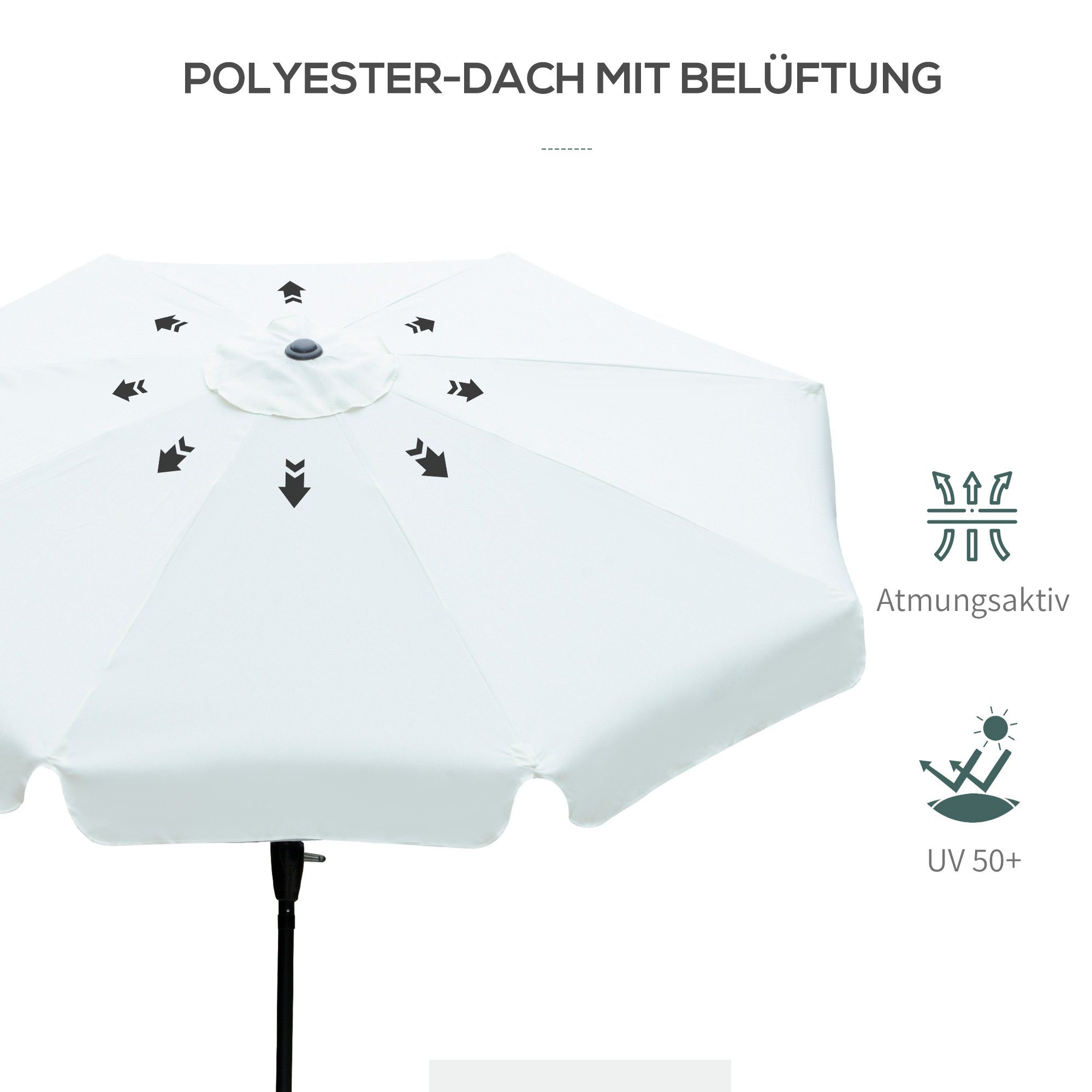 Outsunny Sonnenschirm UV-Schutz 50+ Gartenschirm, 8 Rippen, verstellbar, LxB: 266x266 cm, 8 Rippen verstellbar, 1 Sonnenschirm, ØxH: 266x248.5 cm, Aluminium